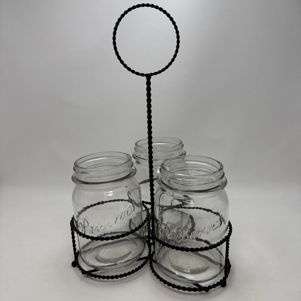 Farmhouse 3 Glass Jar Caddy Black Metal Holder Rustic Organizer